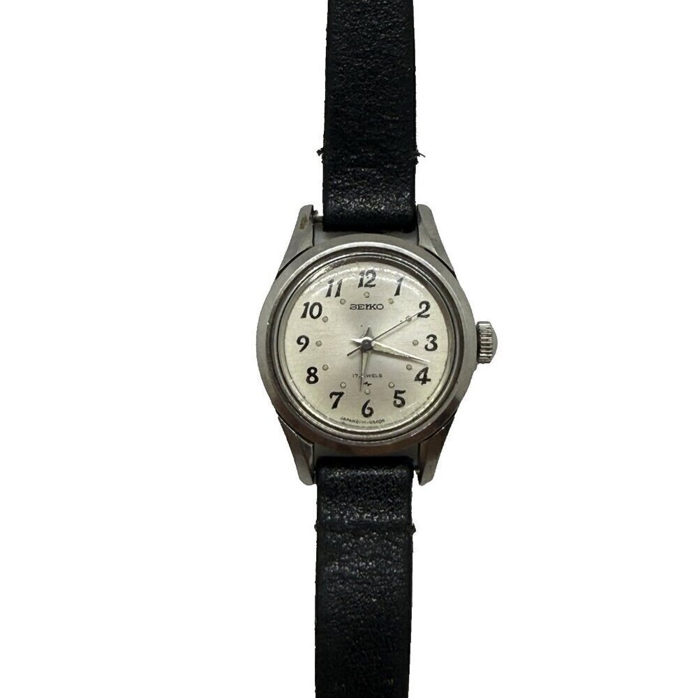 Vtg Seiko 2104-0138 Manual Wind 17Jewels Stainless Steel Womens Watch Black Band